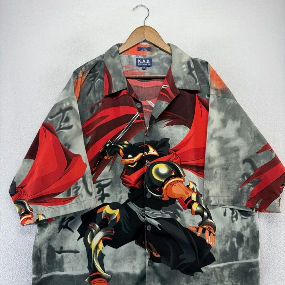 Vintage KAD Clothing Shirt Men's 2XL Gray Red Anime Samurai All Over Print y2k